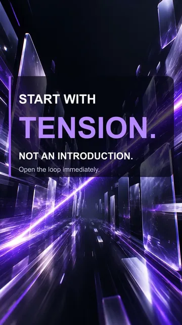 Frame from ViralCut clip #001: the words “Start with tension. Not an introduction.” over violet light trails